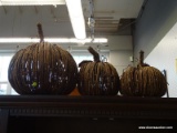 SET OF GRAPEVINE PUMPKINS; SET OF THREE PUMPKINS MADE OUT OF GRAPEVINE. THE LARGEST MEASURES 16 IN