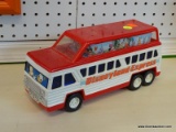 DISNEYLAND TOY BUS; VINTAGE RED AND WHITE DISNEYLAND EXPRESS TOY BUS. MEASURES 11.5 IN X 3.5 IN X