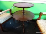TIERED MAHOGANY TABLE; 2 TIERED MAHOGANY PIE CRUST TABLE WITH TURNED CENTER POST AND BASE WITH 3