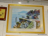 (WALL2) FRAMED MEDITERRANEAN PRINT; THIS PRINT SHOWS A MEDITERRANEAN COASTLINE WITH FLOWERS BLOOMING