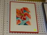 (WALL2) FRAMED FLORAL PRINT; THIS PRINT IS OF A MULTI COLORED PINK LILY. IT IS MATTED IN WHITE AND