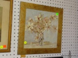 (WALL2) FRAMED FLORAL STILL LIFE; THIS BEAUTIFUL PRINT SHOWS A CLEAR GLASS VASE FULL OF BLOOMING