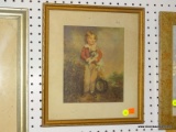 (WALL2) FRAMED VICTORIAN PRINT; THIS VICTORIAN PRINT SHOWS A SMALL CHILD HOLDING A PUPPY WITH A TOP