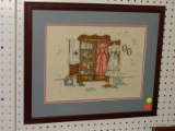 (WALL2) VINTAGE FRAMED NEEDLEPOINT; THIS HANDMADE NEEDLEPOINT PIECE SHOWS 2 VICTORIAN DRESSES AND