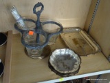 (B1A) ASSORTED HALF SHELF LOT; INCLUDES A SILVERPLATE 3 SECTION CONDIMENT SERVER WITH GLASS