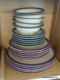 (B1A) DINNERWARE LOT; INCLUDES 23 PIECES TOTAL SUCH AS 5 PURPLE RIMMED DINNER PLATES, 6 PURPLE