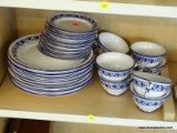 (B1A) SET OF HAND PAINTED BLUE AND WHITE DINNERWARE; INCLUDES 7 DINNER PLATES, 8 CUPS, AND 8