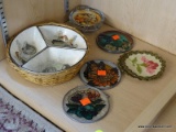 (B1A) ASSORTED LOT; INCLUDES A DIVIDED DISH, STAINED GLASS WINDOW HANGERS, AN ASHTRAY, ETC.