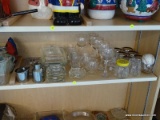 (B1A) ASSORTED 3/4 SHELF LOT; INCLUDES RED WINE STEMS, ROCKS GLASSES, PYREX BAKING DISHES, ETC.