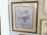 (BACK) DUCK PRINT; DEPICTS MALLARDS SWIMMING ALONG A COASTLINE. IS IN AN OAK FRAME WITH GREEN,