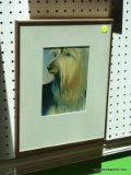 (BACK) FRAMED ANIMAL PRINT; SILKSCREEN PRINT BY MARCEL. THIS PIECE DEPICTS A SHAGGY HAIRED DOG WITH