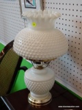 VINTAGE MILK GLASS TABLE LAMPS; MATCHING PAIR, HOBNAIL PATTERNED WITH RUFFLED TOP EDGES, WILL