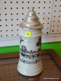 VINTAGE GERMAN BEER STEIN; IS GRAY IN COLOR WITH AN IMAGE OF BAD KISSINGEN ON THE FRONT. HAS A