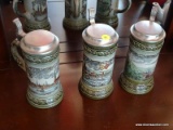 VINTAGE GERMAN BEER STEINS; TOTAL OF 3 PIECES. MADE BY GERZ IN W. GERMANY. ARE GREEN AND GRAY IN
