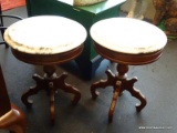 ROUND MARBLE TOP VICTORIAN SIDE TABLES; HAVE WHITE AND GRAY MARBLE TOPS AND MEASURE 14 IN X 19 IN.