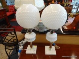 PAIR OF TABLE LAMPS WITH ROUND MILK GLASS GLOBES; EACH HAS A HOBNAIL MILK GLASS GLOBE, BRASS GLOBE