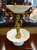 ANTIQUE ALABASTER TIERED CHERUB CENTERPIECE; HAS AN ALABASTER TOP BOWL WITH A GOLD TONED CHERUB