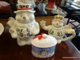 SNOWMAN THEMED CANISTERS/COOKIE JARS; TOTAL OF 3 PIECES, TWO ARE BY FORMALITIES BY BAUM BROTHERS,