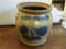 SALT GLAZED CROCK; BLUE AND GRAY SALT GLAZED DOUBLE HANDLED CROCK WITH BLUE FLORAL PATTERN ON THE