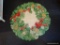 AREA RUG; HOLLY AND CARDINAL THEMED ROUND AREA RUG IN GREEN AND RED. MEASURES 2 FT 6 IN DIA.