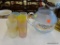MID-CENTURY MODERN DRINKING WARE SET; INCLUDES A BLUE AND LEAF PATTERN PITCHER AND 6 MATCHING