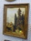 FRAMED WATERCOLOR PRINT; THIS PRINT SHOWS A MEDITERRANEAN VIEW WITH TREE. IT IS FRAMED IN A CARVED