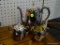 WM ROGERS SILVERPLATE TEA SET; THREE PIECE SILVERPLATE TEA SET INCLUDES CREAMER, SUGAR, AND TEAPOT.