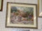 FRAMED VICTORIAN COURTYARD PRINT; THIS LARGE PRINT SHOWS A WOMAN IN A STONE COURTYARD SURROUNDED BY