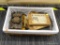 PARTIAL SHELF LOT OF VINTAGE ITEMS; THIS LOT CONTAINS A RECTANGULAR BASKET WITH A WHITE LINER FILLED