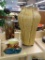 LOT OF ASSORTED DECOR ITEMS; 3 PIECE LOT TO INCLUDE A LARGE TAN DECORATIVE VASE WITH FLORAL PATTERN,