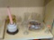 PARTIAL SHELF LOT OF ASSORTED ITEMS' THIS LOT CONTAINS 2 MARBLE CANDLE HOLDERS, 6 DRINKING GLASSES