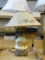 ANTIQUE TABLE LAMP; HAS A FROSTED GLASS CHIMNEY, A BRASS TOP, SUNFLOWER PAINTED MILK GLASS BODY AND