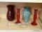 PARTIAL SHELF LOT OF ASSORTED GLASSWARE; THIS 5 PIECE LOT INCLUDES: A RUBY RED VASE, A SEAFOAM GREEN