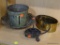 PARTIAL SHELF LOT OF ASSORTED METAL ITEMS; THIS 5 PIECE LOT INCLUDES, A CANDLESTICK HOLDER, A BOWL,