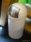 WHITE AND STAINLESS STEEL METAL TRASH CAN; HAS A PUSH STYLE OPENING AND MEASURES 30 IN TALL