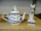 2 PIECE LOT; INCLUDES A WHITE PORCELAIN TEAPOT, AND A EGYPTIAN CAT THEMED TRINKET BOX.
