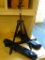 ART EASELS; 2 BLACK METAL ART EASEL WITH ADJUSTABLE LEGS AND CANVAS HOLDERS. BOTH ARE IN VERY GOOD