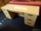 MAPLE COMPUTER DESK BY MILLER; DOUBLE PEDESTAL DESK WITH A KEYBOARD TRAY, AND 4 DRAWERS (2 ARE FILE