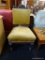 VICTORIAN SIDE CHAIR; HAS YELLOW UPHOLSTERED SEAT AND BACK WITH MAHOGANY BONES AND SHERATON STYLE