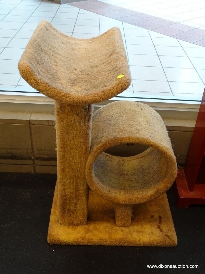 CAT TREE; HAS AN UPPER RESTING AREA WITH A CIRCULAR LOWER RESTING AREA AS WELL AS A BUILT IN CAT TOY