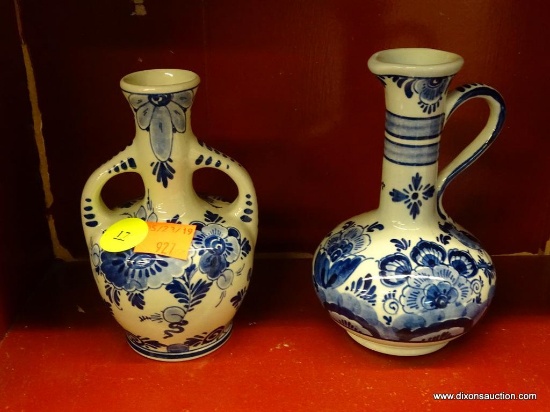 2 PIECE DELFT LOT; INCLUDES A REALINA 2 HANDLED BUD VASE AND A SINGLE HANDLED EWER. BOTH ARE IN