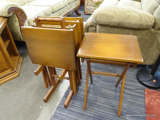 SET OF DINNER TRAYS; SET OF FOUR, FOLDING WOODEN DINNER TRAYS COMPLETE WITH STORAGE RACK. EACH TRAY