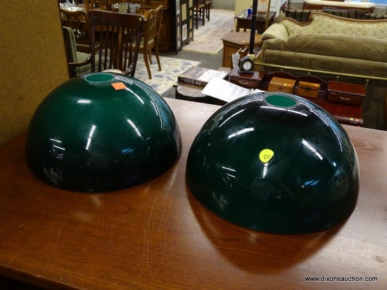 GREEN LAMP GLOBES; PAIR OF GREEN SEMI-CIRCLE LAMP GLOBES. MEASURE 11 IN DIAMETER. MATCHES LOTS 260,