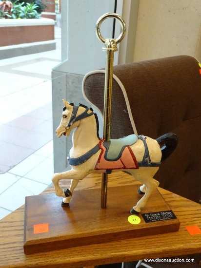 CAROUSEL HORSE FIGURINE; PJ'S CAROUSEL COLLECTION DENTZEL STYLE. MADE IN NEWBERN, VA AND IS MOUNTED