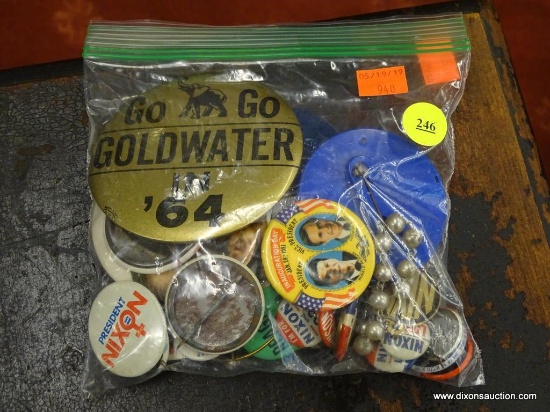 VINTAGE PRESIDENTIAL CAMPAIGN BUTTONS; BAG OF VINTAGE CAMPAIGN BUTTONS FOR NIXON, REAGAN, KENNEDY,