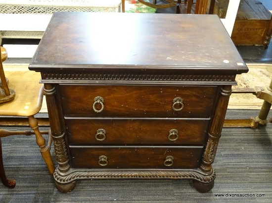 SMALL MAHOGANY COLORED THREE DRAWER DRESSER; MAHOGANY COLORED THREE DRAWER DRESSER CIRCULAR BRASS