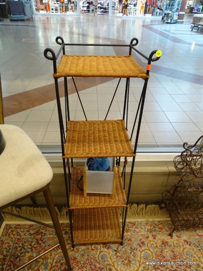 WICKER AND WROUGHT IRON SHELF; FOUR TIERED BROWN WICKER SHELF WITH A BLACK WROUGHT IRON FRAME THAT