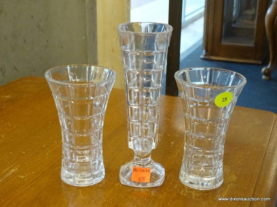 3 PIECE CRYSTAL LOT; INCLUDES 2 SMALL VASES (MEASURES 5 IN TALL) AND A BUD VASE (MEASURES 7 IN TALL)