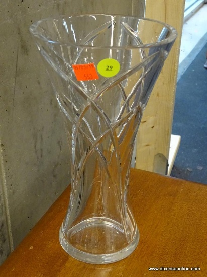 CRYSTAL VASE; TALL CUT CRYSTAL VASE WITH BRIGHT SOUND. MEASURES 5.5 IN X 10 IN