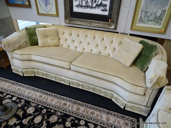 2 CUSHION SOFA; MADE BY WATERS FURNITURE CO. IS CREAM IN COLOR WITH GREEN TRIM AND FLORAL PATTERN